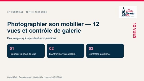 Photographier son mobilier — 12 vues et contrôle de galerie