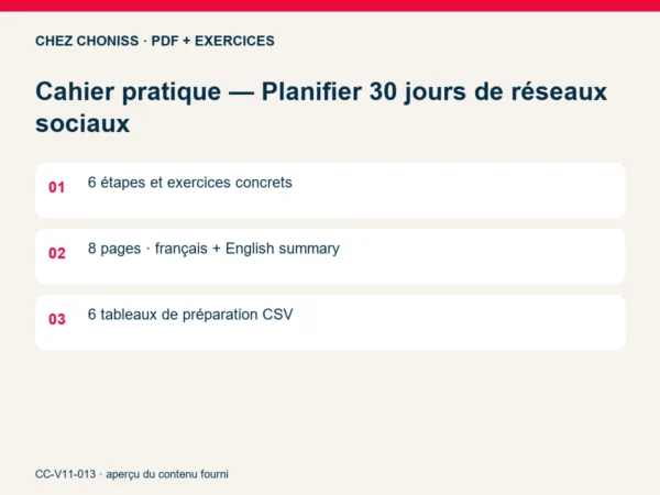 Cahier pratique — Planifier 30 jours de réseaux sociaux