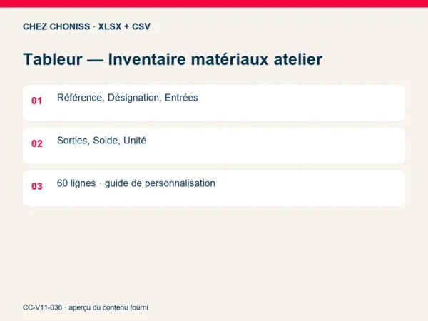 Tableur — Inventaire matériaux atelier