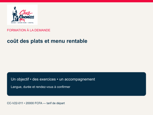 Formation à la demande — coût des plats et menu rentable