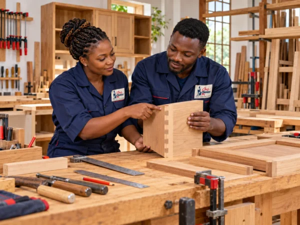 Visuel d’inspiration : deux professionnels africains dans un atelier de menuiserie, avec le logo Chez Choniss sur leurs vêtements.