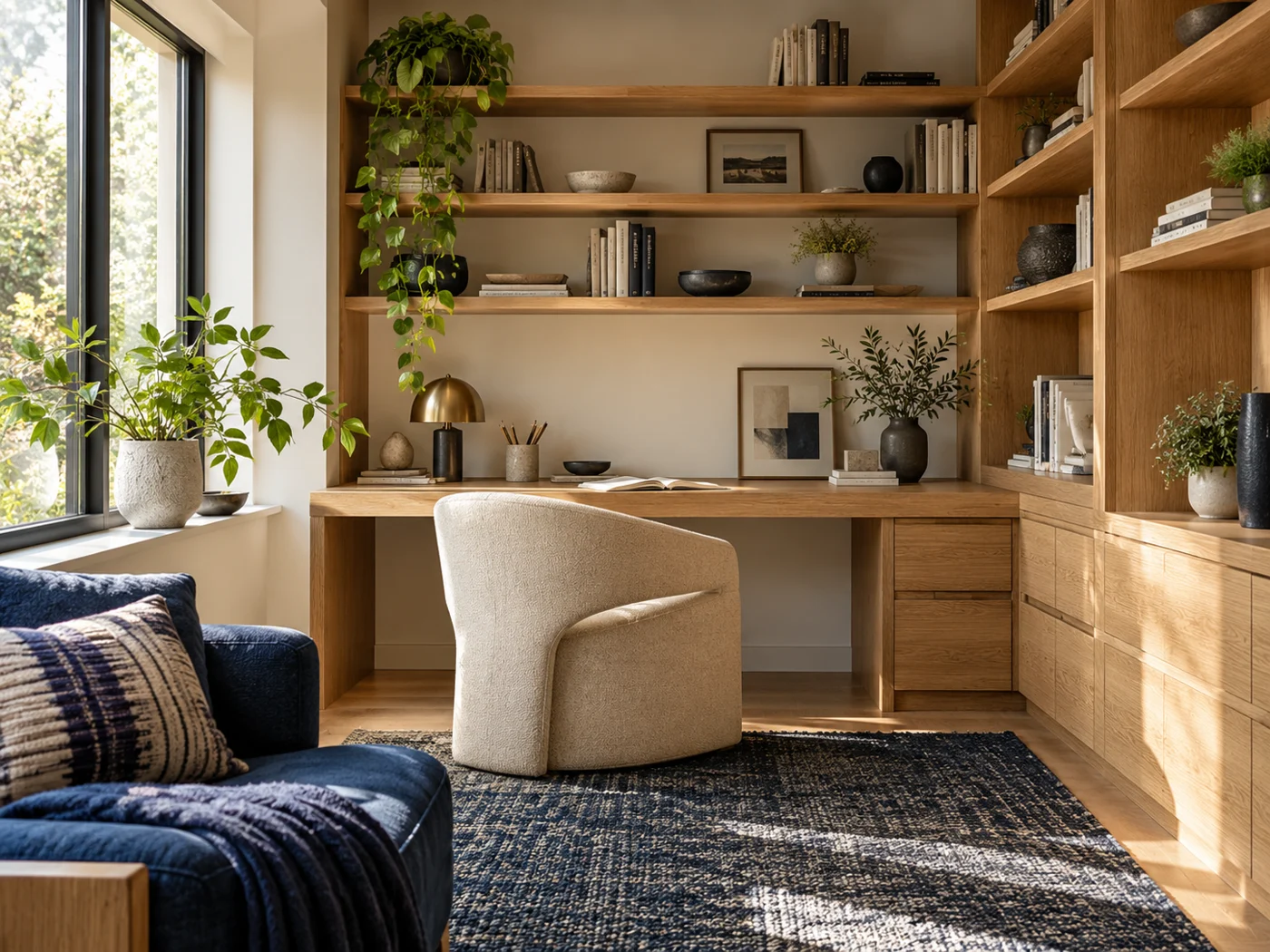 Visuel d’inspiration : bureau en bois et étagères intégrées dans une pièce lumineuse