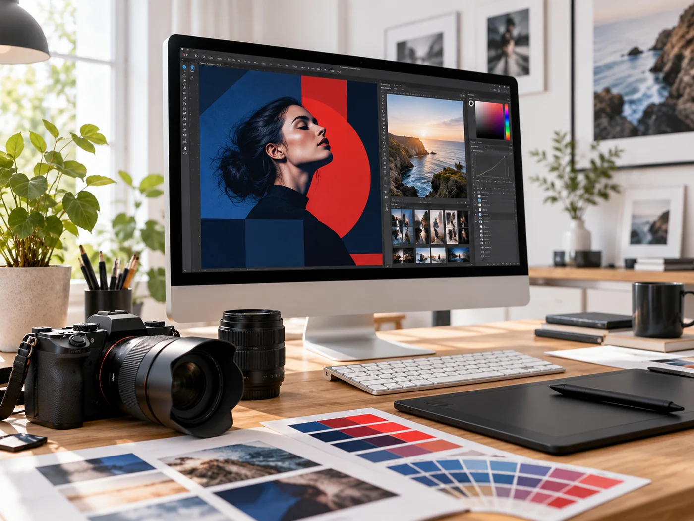 Visuel d’inspiration : espace de création graphique, photo et vidéo avec appareil photo et ordinateur.