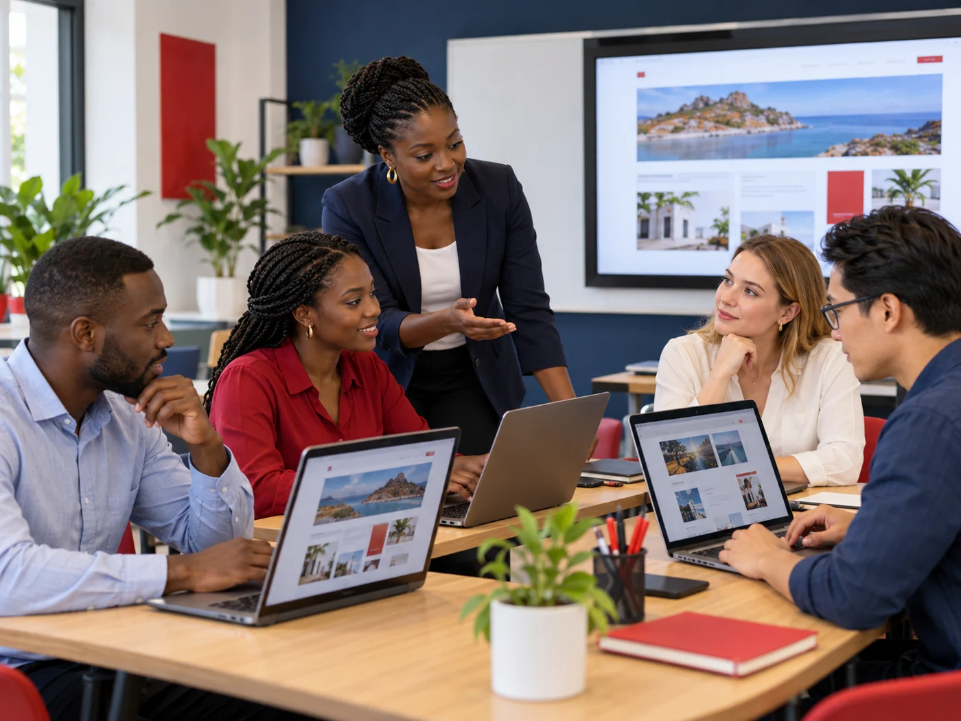 Visuel d’inspiration : une formatrice africaine accompagne des adultes africains, européens et asiatiques autour d’ordinateurs.