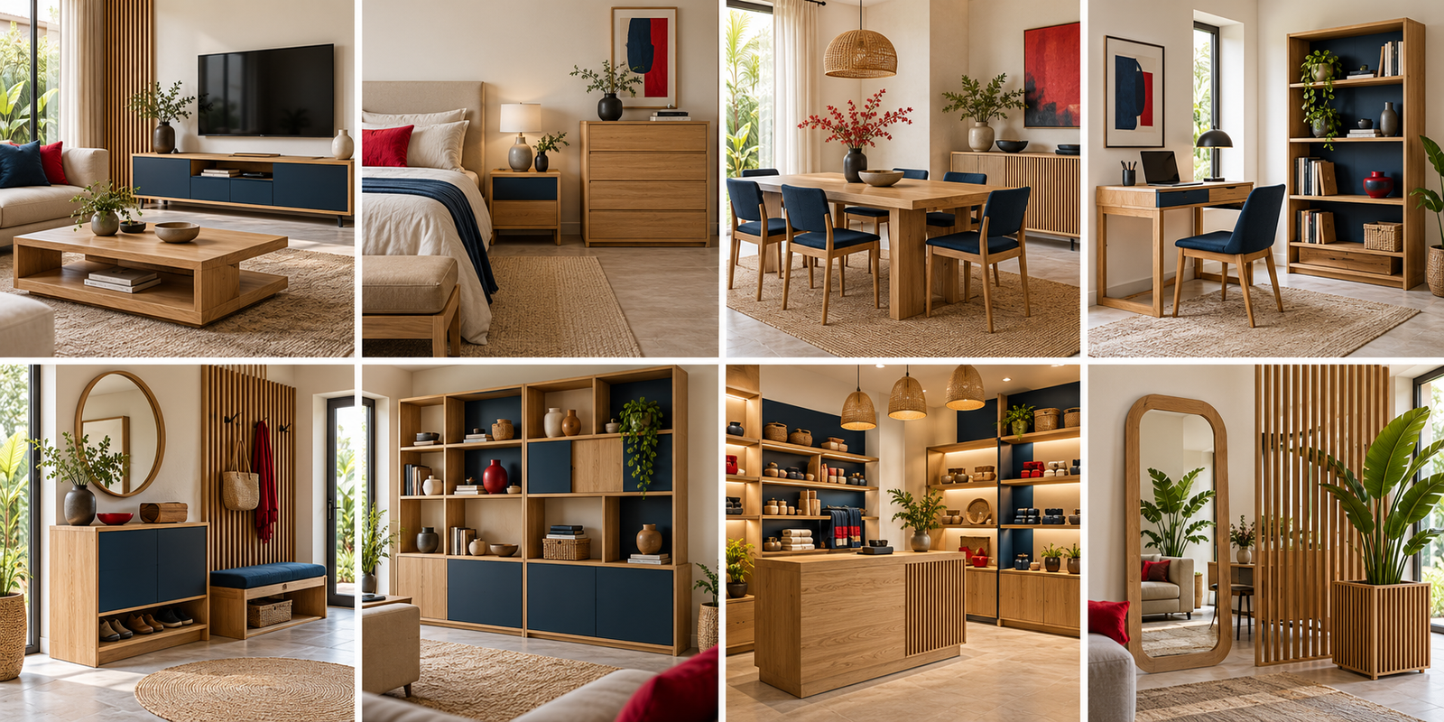 Huit ambiances de mobilier : salon, chambre, repas, bureau, entrée, rangement, boutique et décoration. Visuels d’inspiration générés.