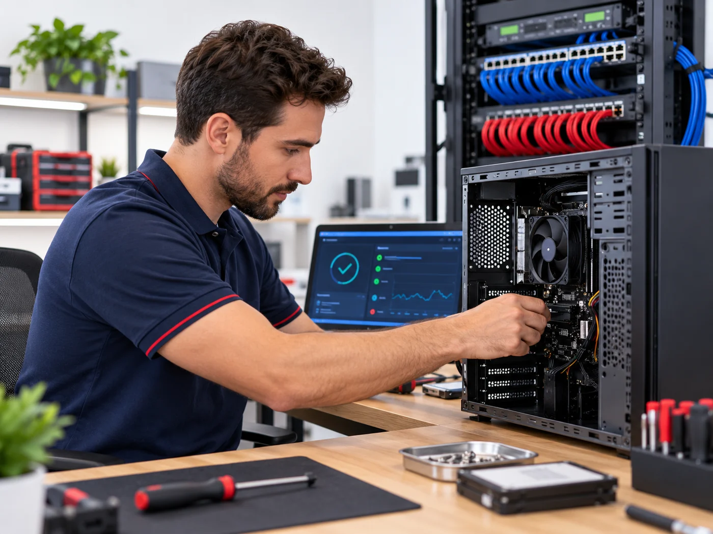 Visuel d’inspiration : un technicien intervient sur un ordinateur dans un espace informatique avec équipements réseau.
