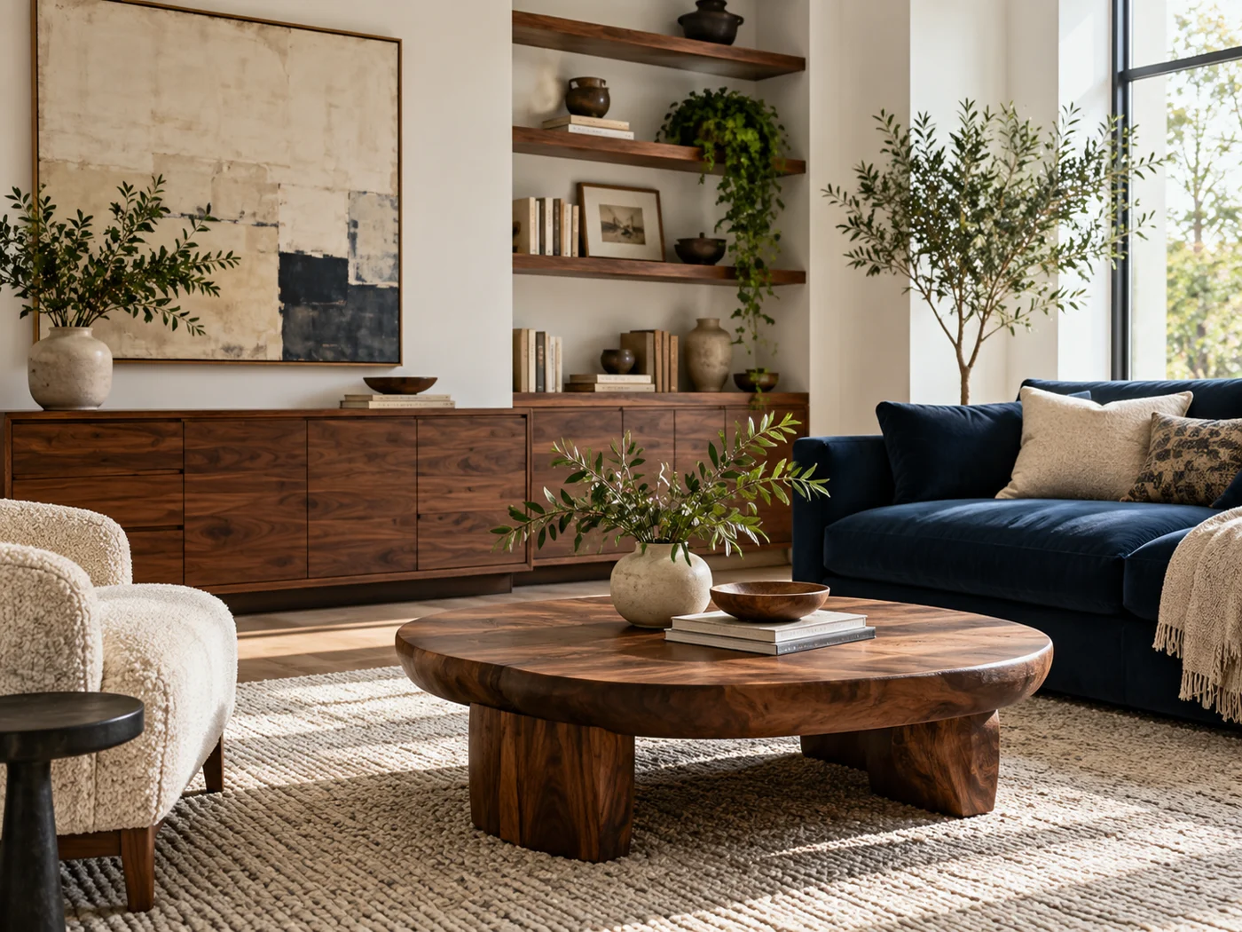 Visuel d’inspiration : salon avec mobilier en bois, rangements intégrés et canapé bleu marine